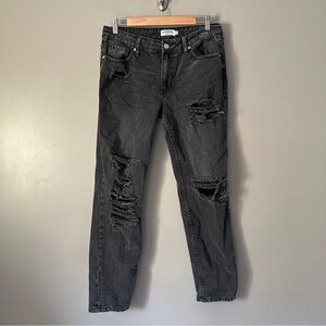 Refuge Black Distressed Ripped Mid-rise Boyfriend Jeans